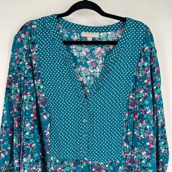 Woman Within Women's Floral Polka Dot V-Neck 3/4 Sleeve Blouse Top Blue Size 2X - Picture 5 of 9